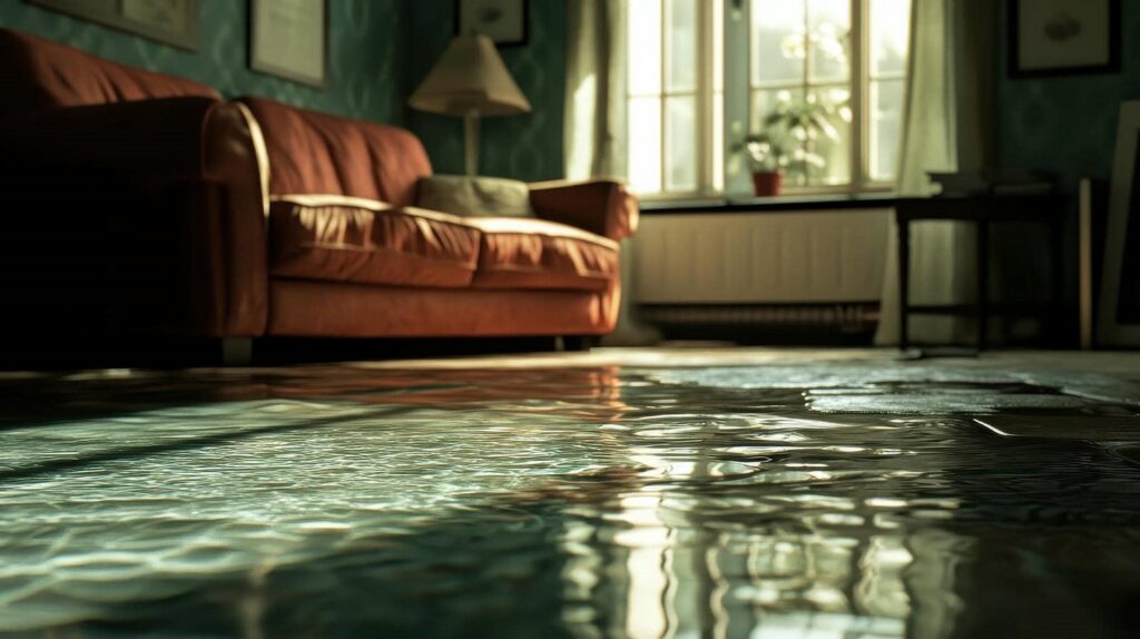 Water flooding a living room floor with a brown sofa and window in the background.