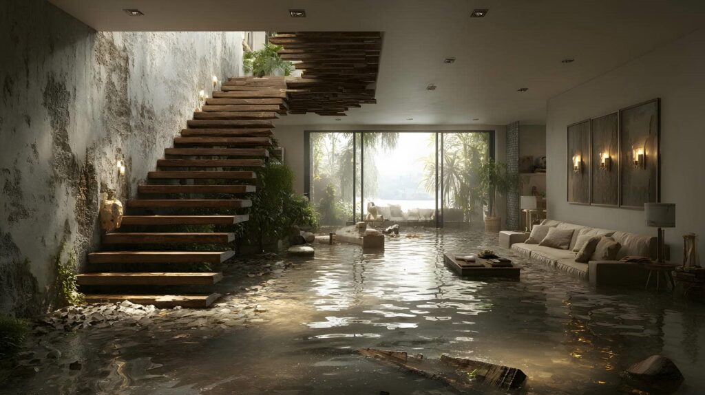 Flooded modern living room with floating wooden staircase and large windows letting in natural light.