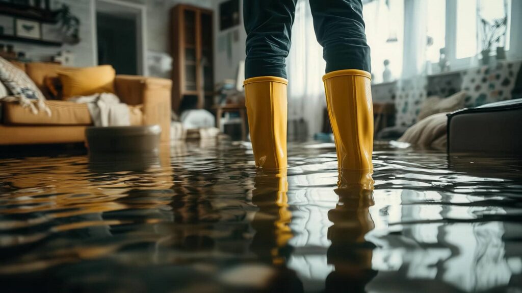 Person wearing yellow rain boots standing in a flooded living room with water covering the floor.