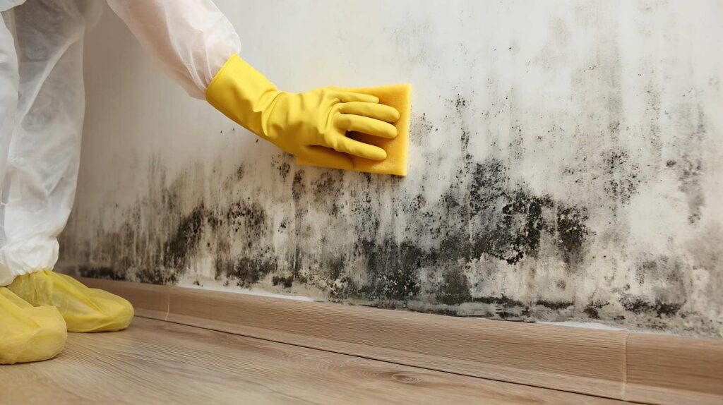 Person in protective gear scrubbing mold off a wall near the floor.