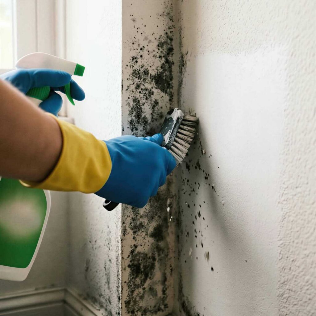 Hands in blue gloves scrubbing mold off a wall corner with a brush and spray bottle.