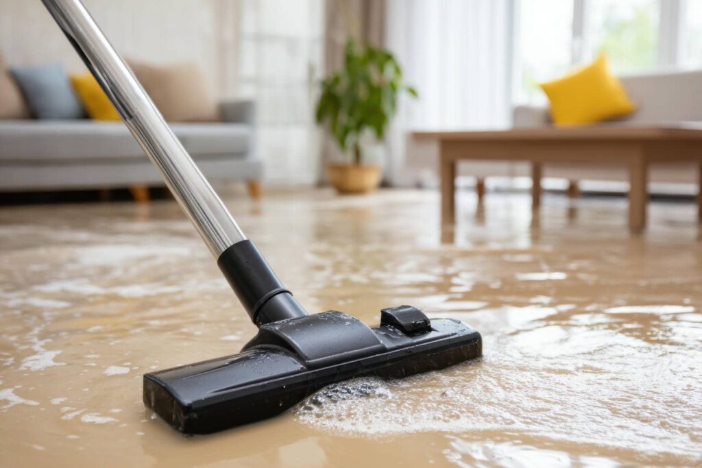Vacuum cleaner head sucking water from a flooded living room floor.