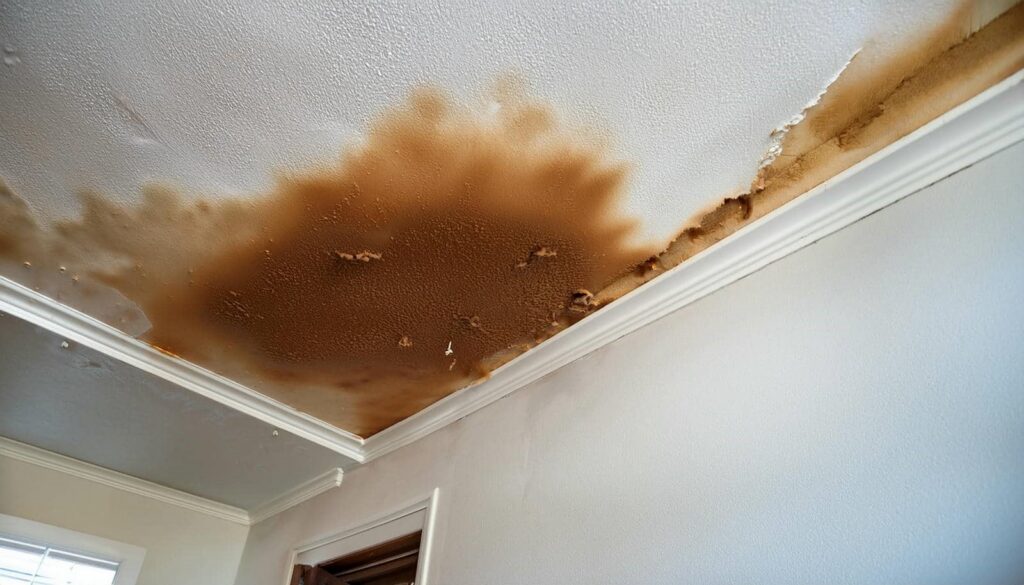 Large brown water stain and damage on a white ceiling near the corner of a room.