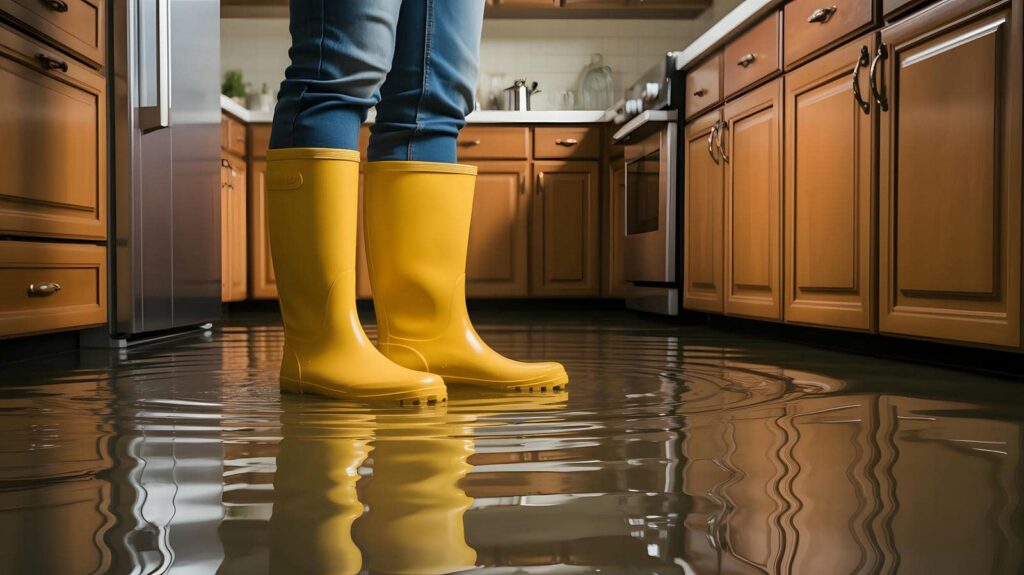 Person wearing yellow rain boots standing in a flooded kitchen with water covering the floor.