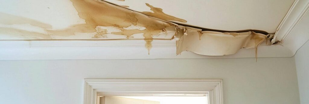 Ceiling with extensive water damage and peeling paint above a doorway.