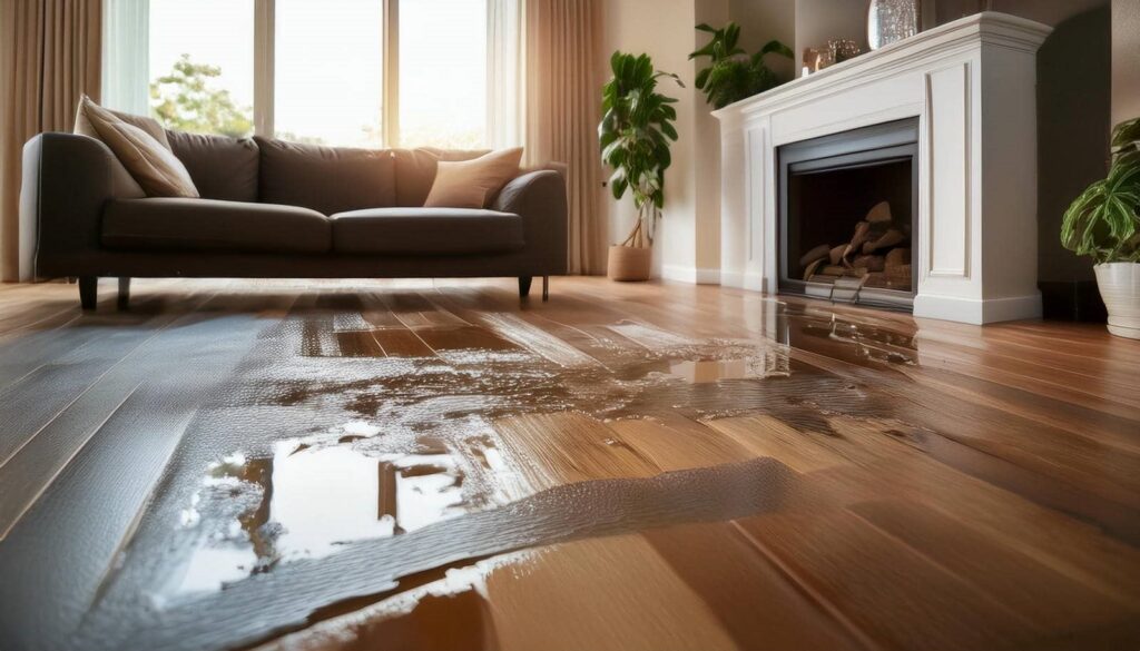 Water spilled on a wooden floor in a living room with a dark sofa and a white fireplace.