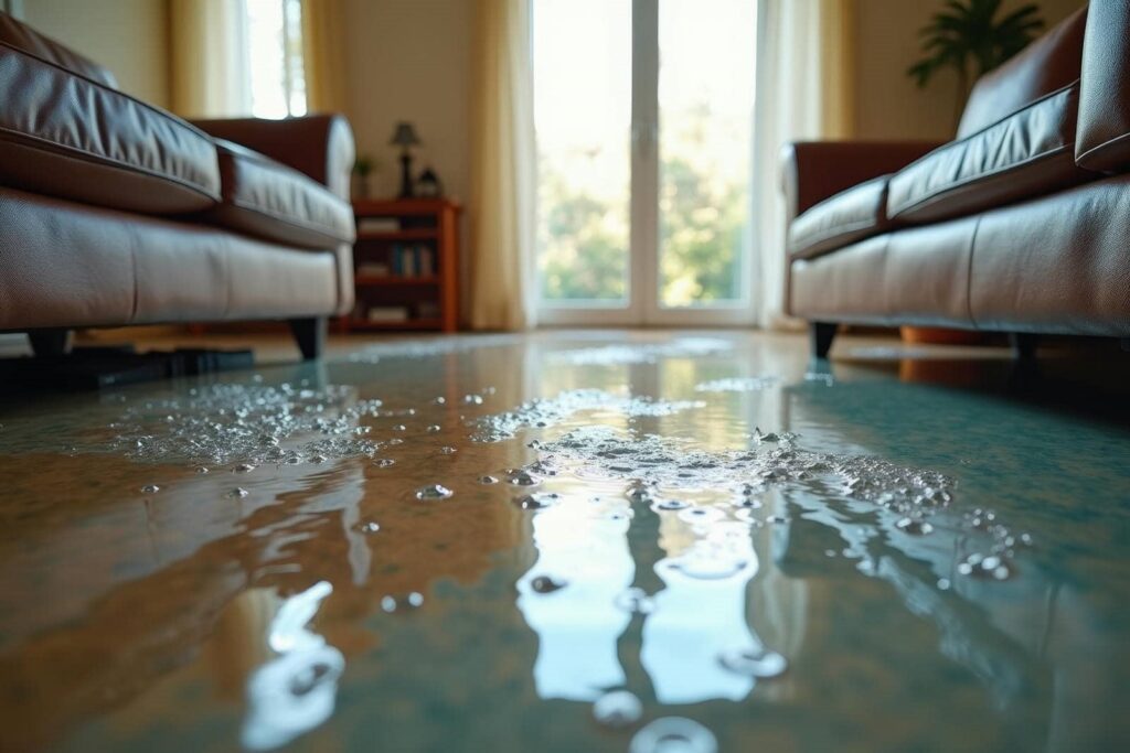 Water flooding the floor between two brown leather sofas in a living room.