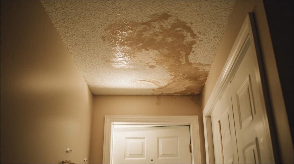 Ceiling with extensive water damage and stains above a doorway in a beige hallway.