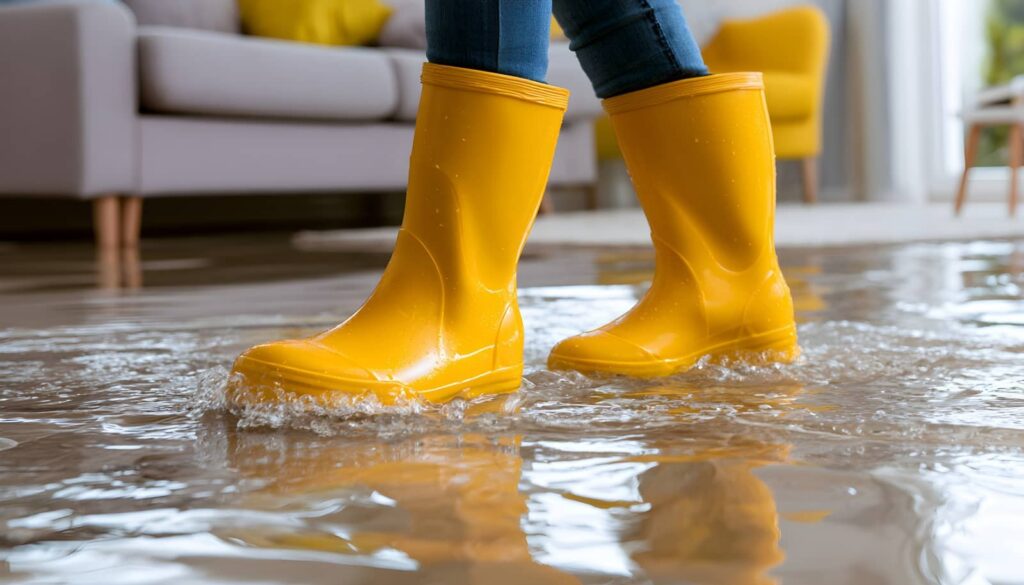 Yellow rain boots standing in floodwater indoors.