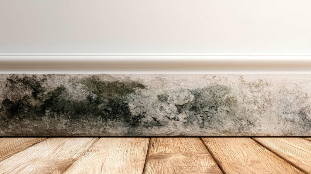 Mold growth on a wall baseboard above a wooden floor.