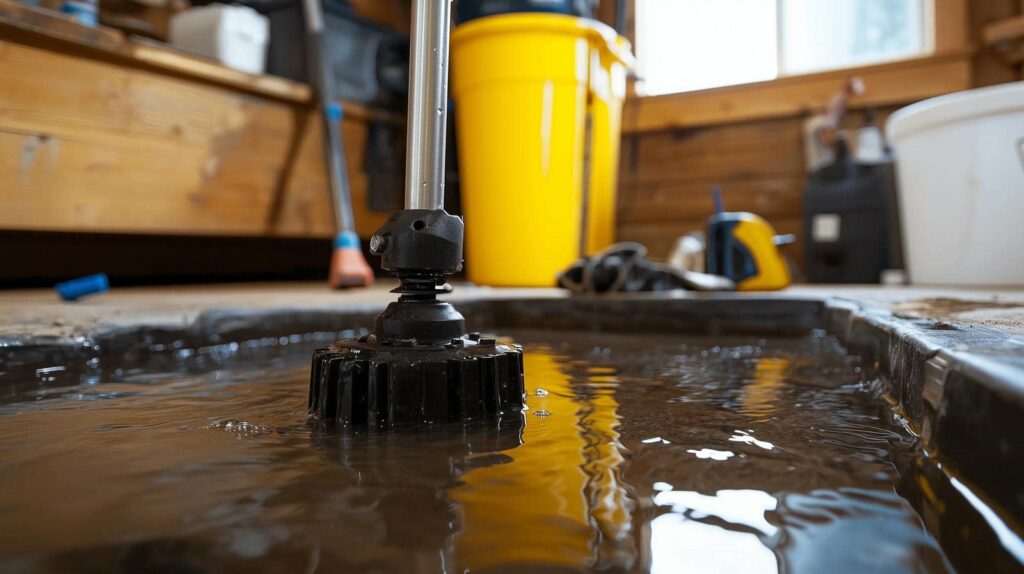 Close-up of a black scrub brush head submerged in water on a floor with cleaning supplies in the background.
