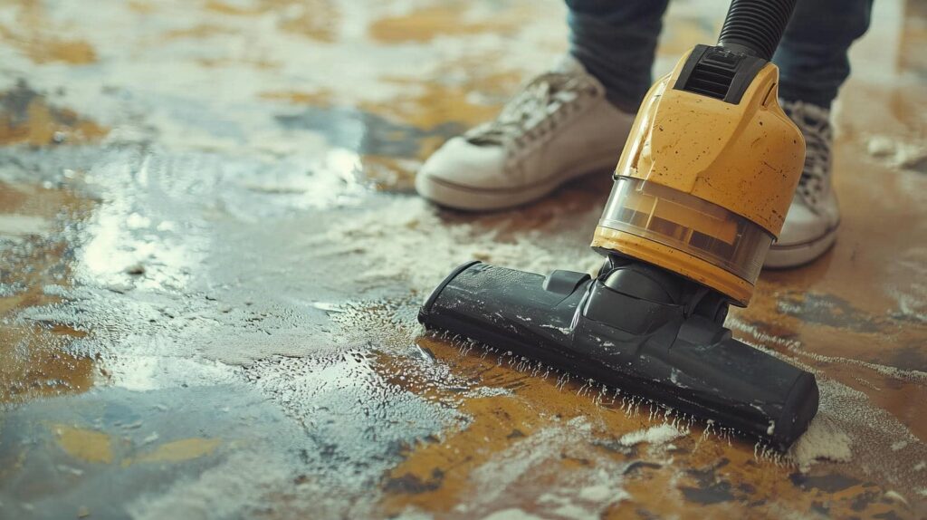 Person using a wet vacuum cleaner to clean a water spill on a floor.