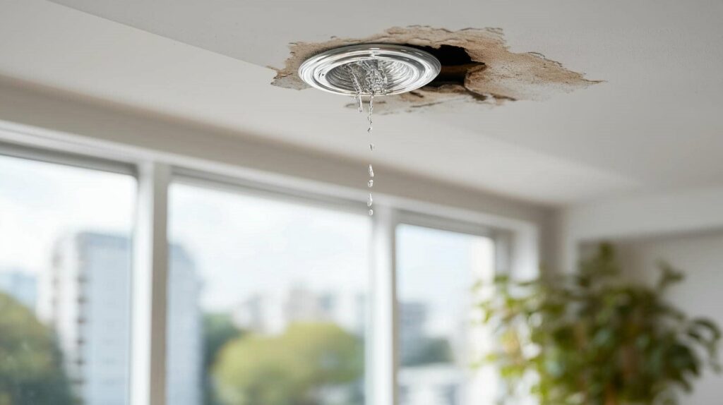 Water leaking from a damaged ceiling with a rusty water sprinkler and a large stain around it.