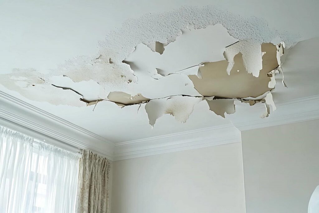 Ceiling with extensive peeling and cracked paint near a window with curtains.
