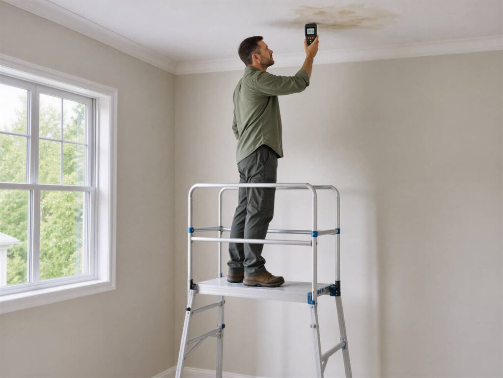 Man on a scaffold inspecting a water stain on the ceiling.