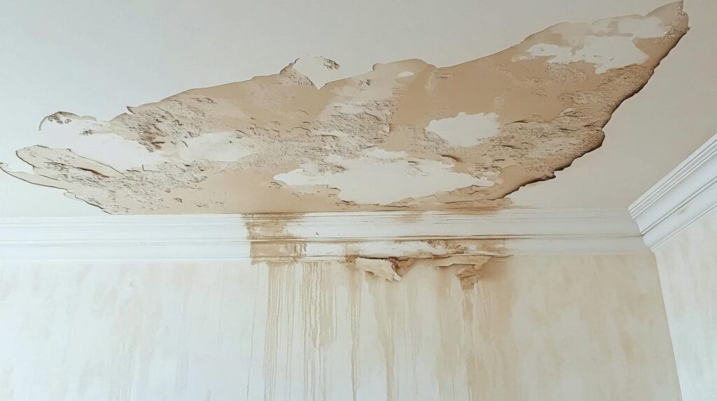 Ceiling with large water damage and peeling paint above a stained wall corner.