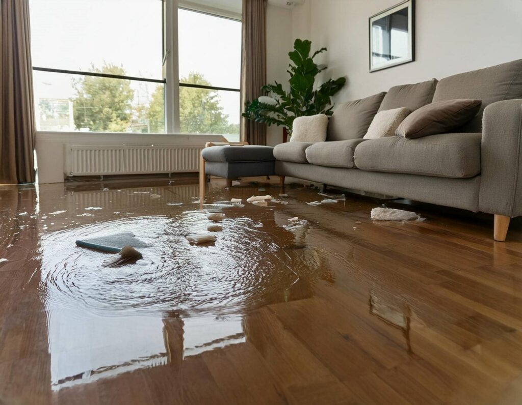 Living room with a flooded wooden floor and a mop submerged in water near a gray sofa.