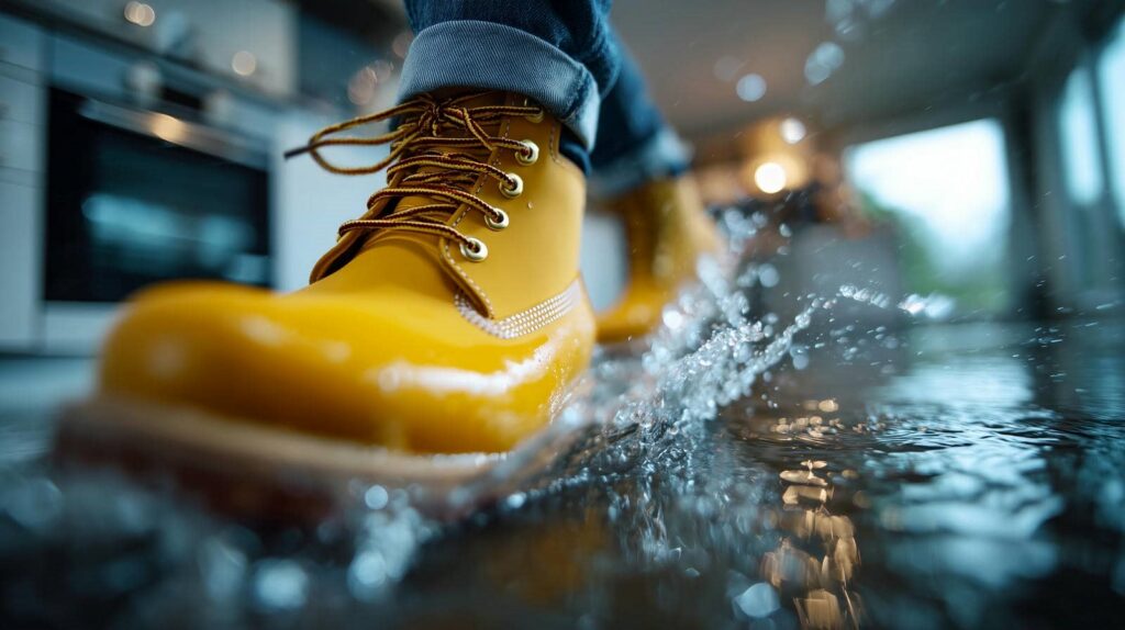 Close-up of yellow rain boots splashing through water indoors.