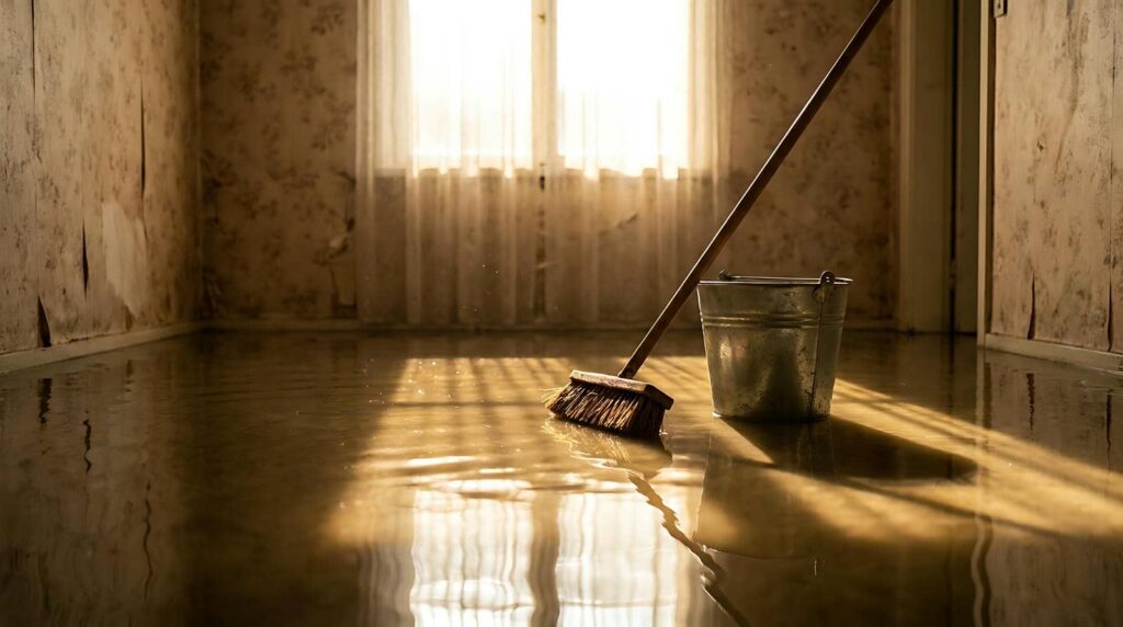 A flooded room with a broom and metal bucket on the water-covered floor.