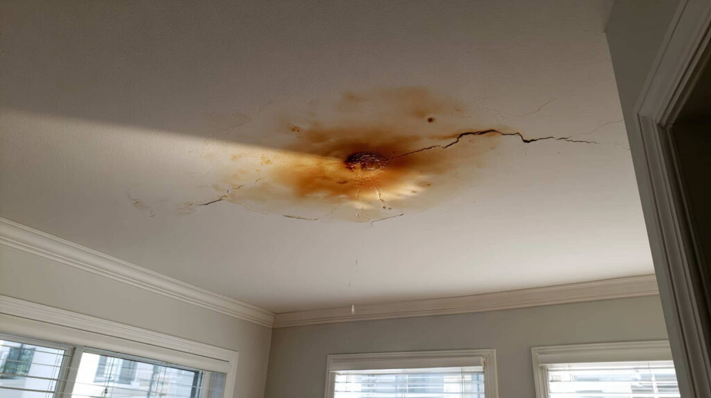 Water-damaged ceiling with a large brown stain and crack.