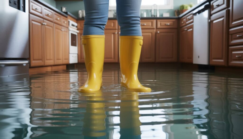 Yellow rain boots standing in a flooded kitchen.