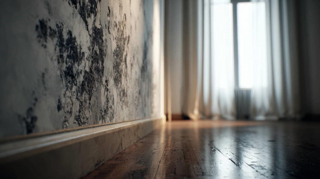 Close-up of a textured wall and polished wooden floor with light filtering through sheer curtains.