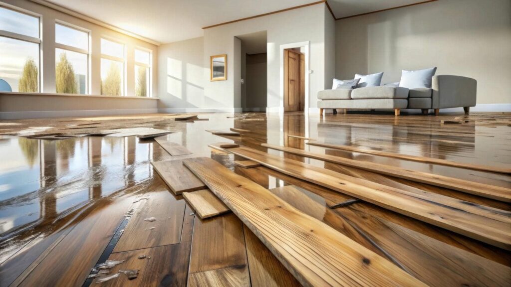 Wooden floorboards warped and lifted from water damage in a sunlit living room with a beige sofa.