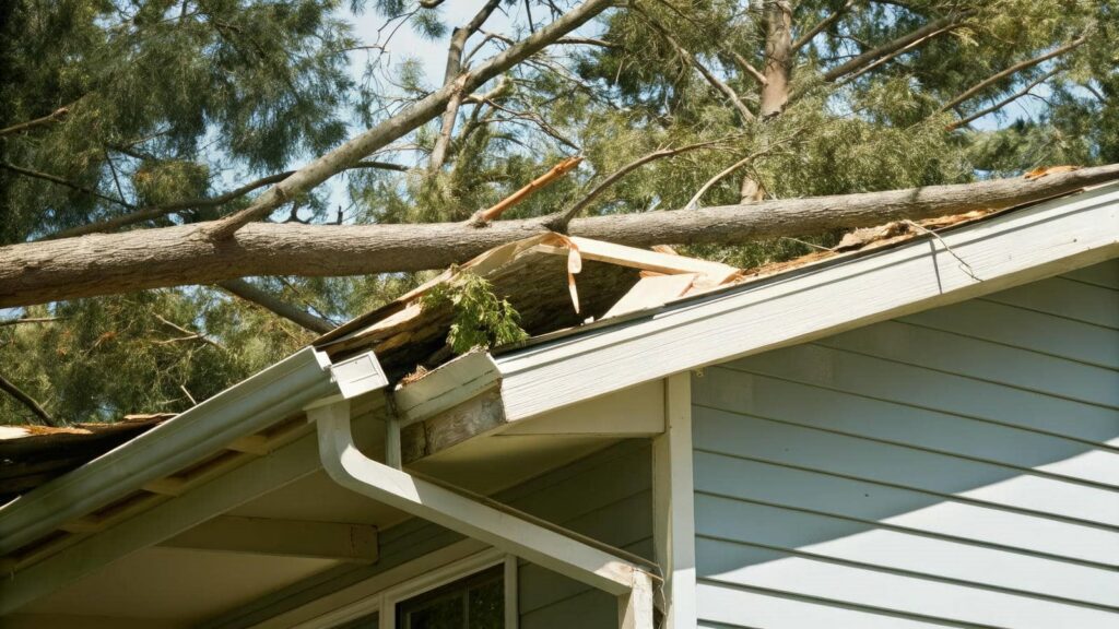 Large tree branch fallen and damaging the roof of a house.