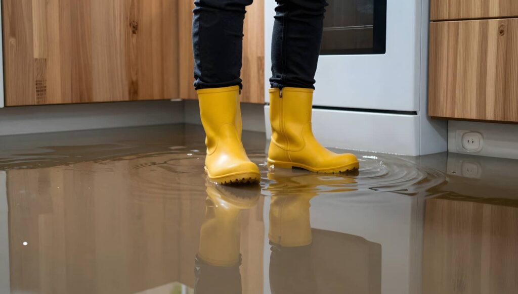 Yellow rain boots standing in floodwater in a kitchen.
