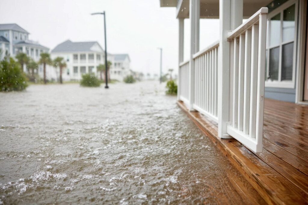 Floodwaters rising to a porch railing in a residential area during heavy rain.