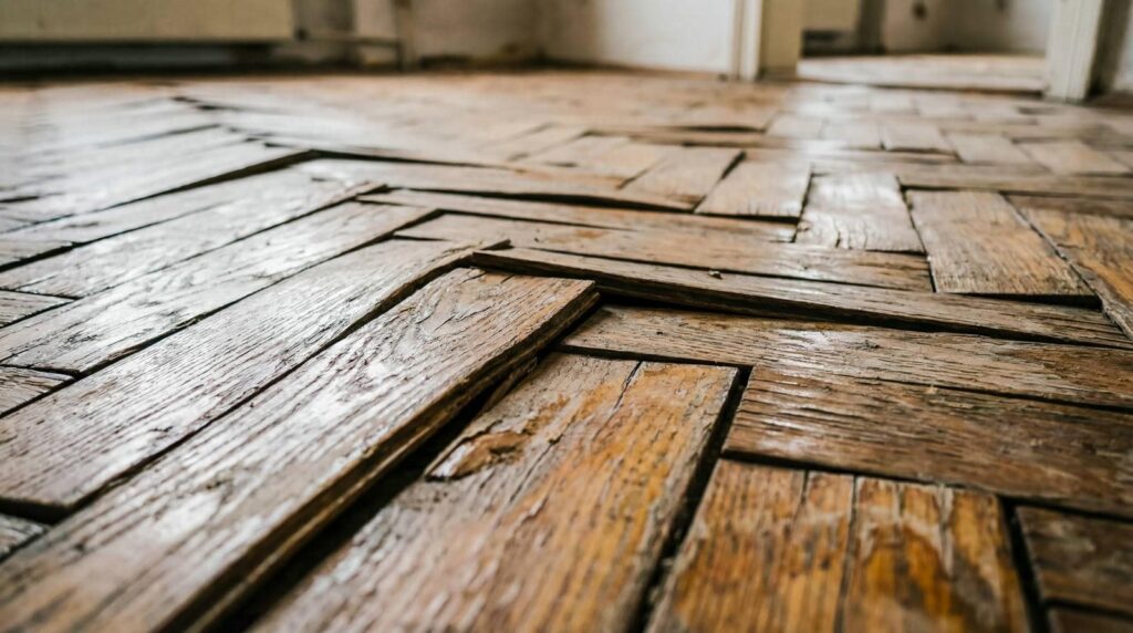 Warped and damaged wooden floorboards lifting and separating in a room.