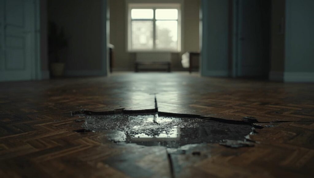 Damaged wooden floor with a large puddle of water reflecting a window in a dimly lit room.