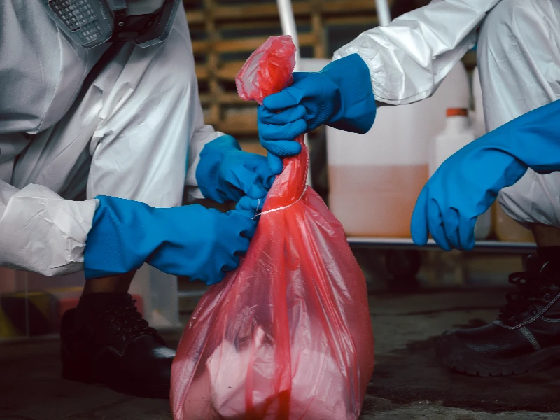 Two people in protective suits and blue gloves tying a red biohazard bag. biohazard cleanup services