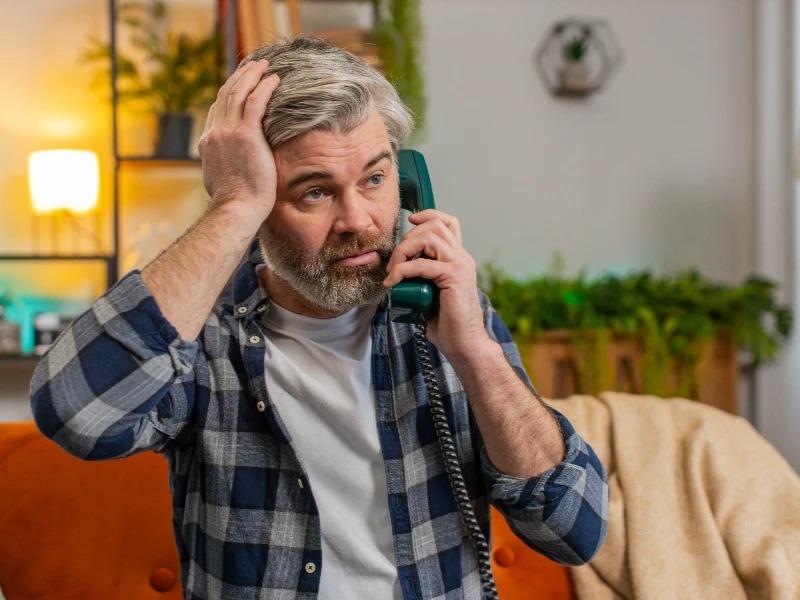 Middle-aged man with gray hair and beard looks worried while talking on a corded phone indoors.