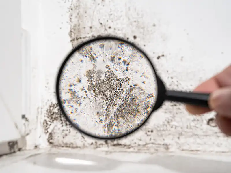 Magnified view of mold growing on a white wall, seen through a handheld magnifying glass. mold inspection services