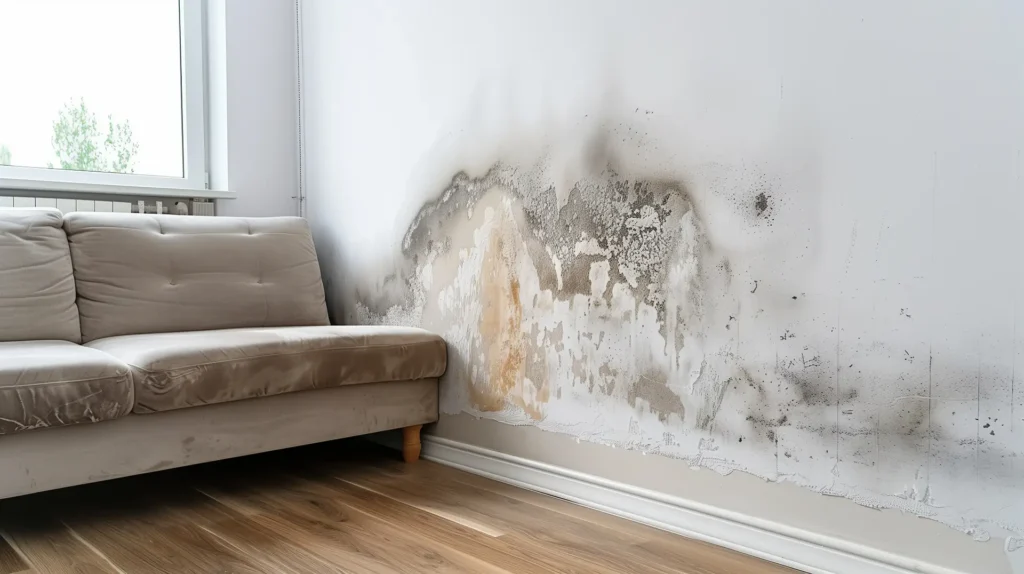 Mold and water damage spreading on a white wall next to a beige sofa in a living room. mold remediation services