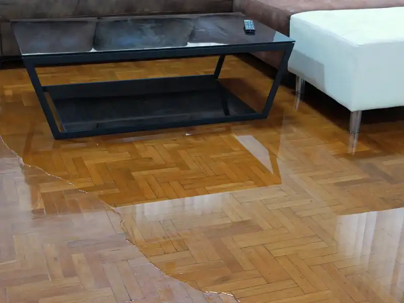 Living room floor with water damage near a black coffee table and white ottoman. Get fast, reliable help with our 24/7 emergency restoration services for water, fire, and storm damage. We restore your property quickly and safely.