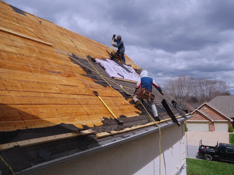Two workers installing roofing shingles on a steep wooden roof under a cloudy sky. reconstruction services
