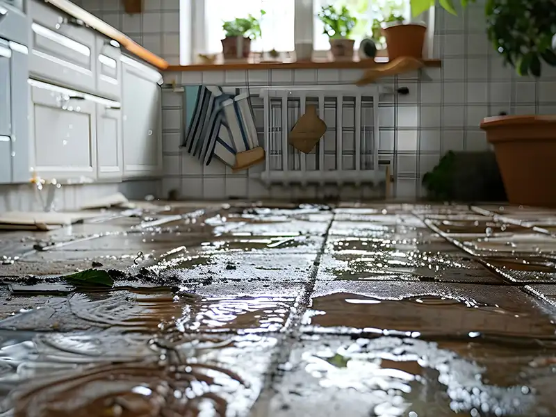 Wet tiled kitchen floor with water puddles and scattered leaves near white cabinets and potted plants. Get fast, reliable help with our 24/7 emergency restoration services for water, fire, and storm damage. We restore your property quickly and safely.